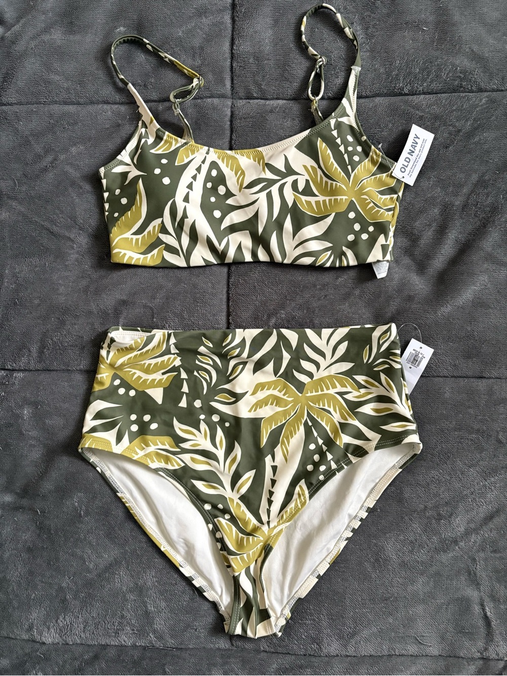 Old Navy Olive Green & Cream Tropical High-Waist Girls Bikini